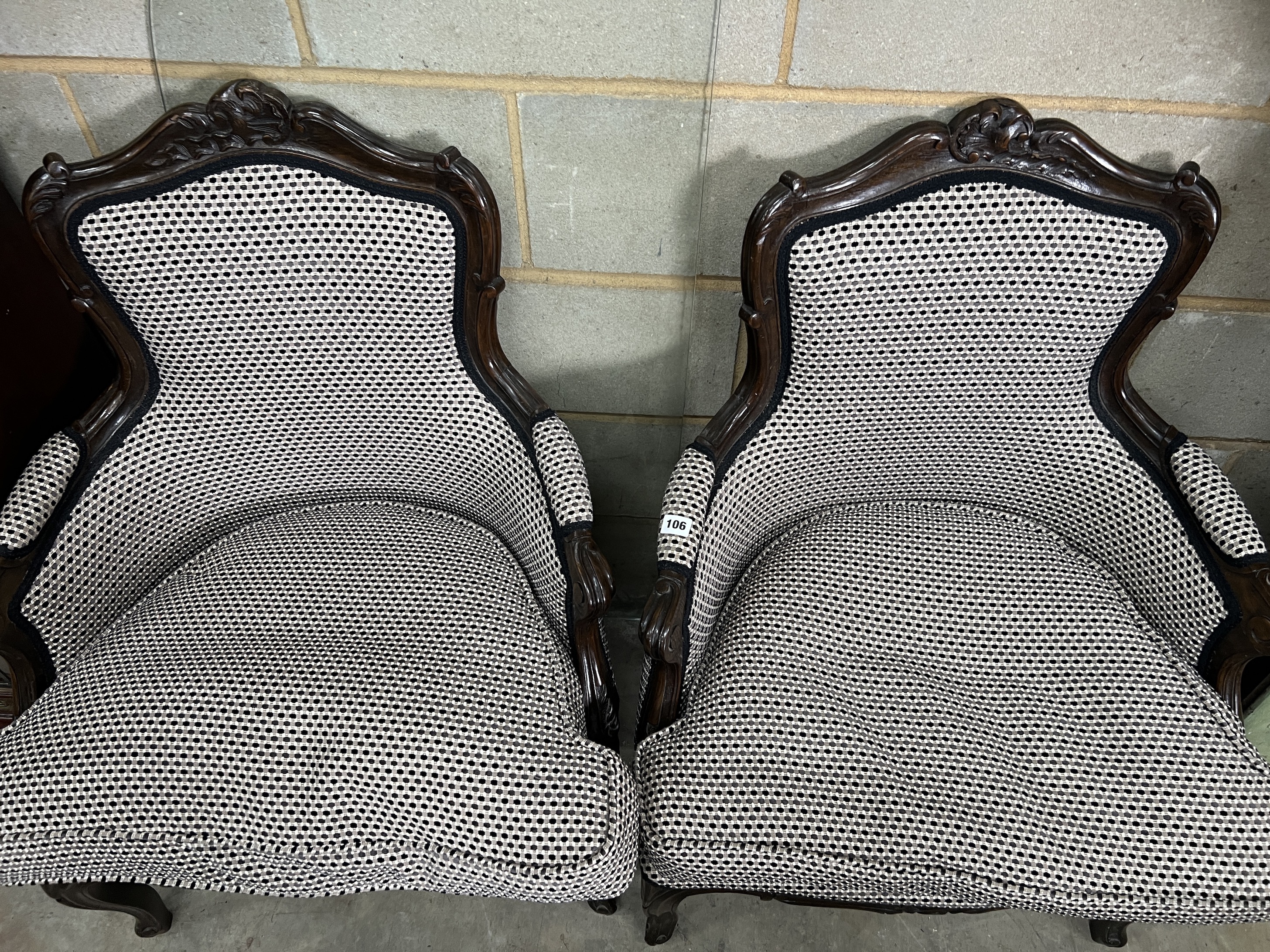 A pair of French fauteuils, width 66cm, depth 57cm, height 92cm